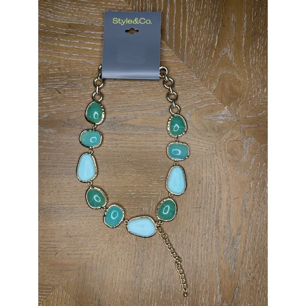 Style & Co Green Blue Stone Statement Necklace Gold Tone NEW